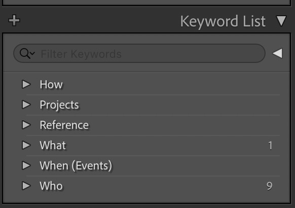 Lightroom keyword list