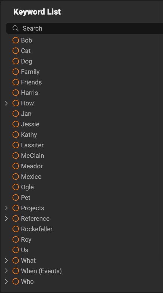 Photo RAW keyword list